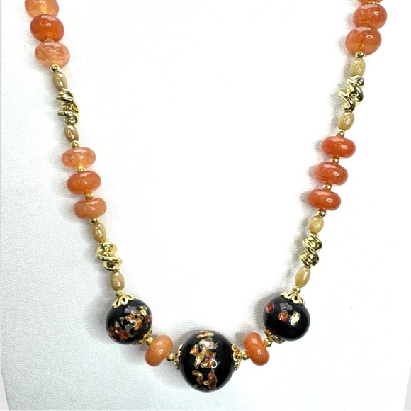 SOLD-ARTISAN Vintage Black Murano Lampwork Glass and Carnelian Gemstone Necklace - Picture 10 of 16